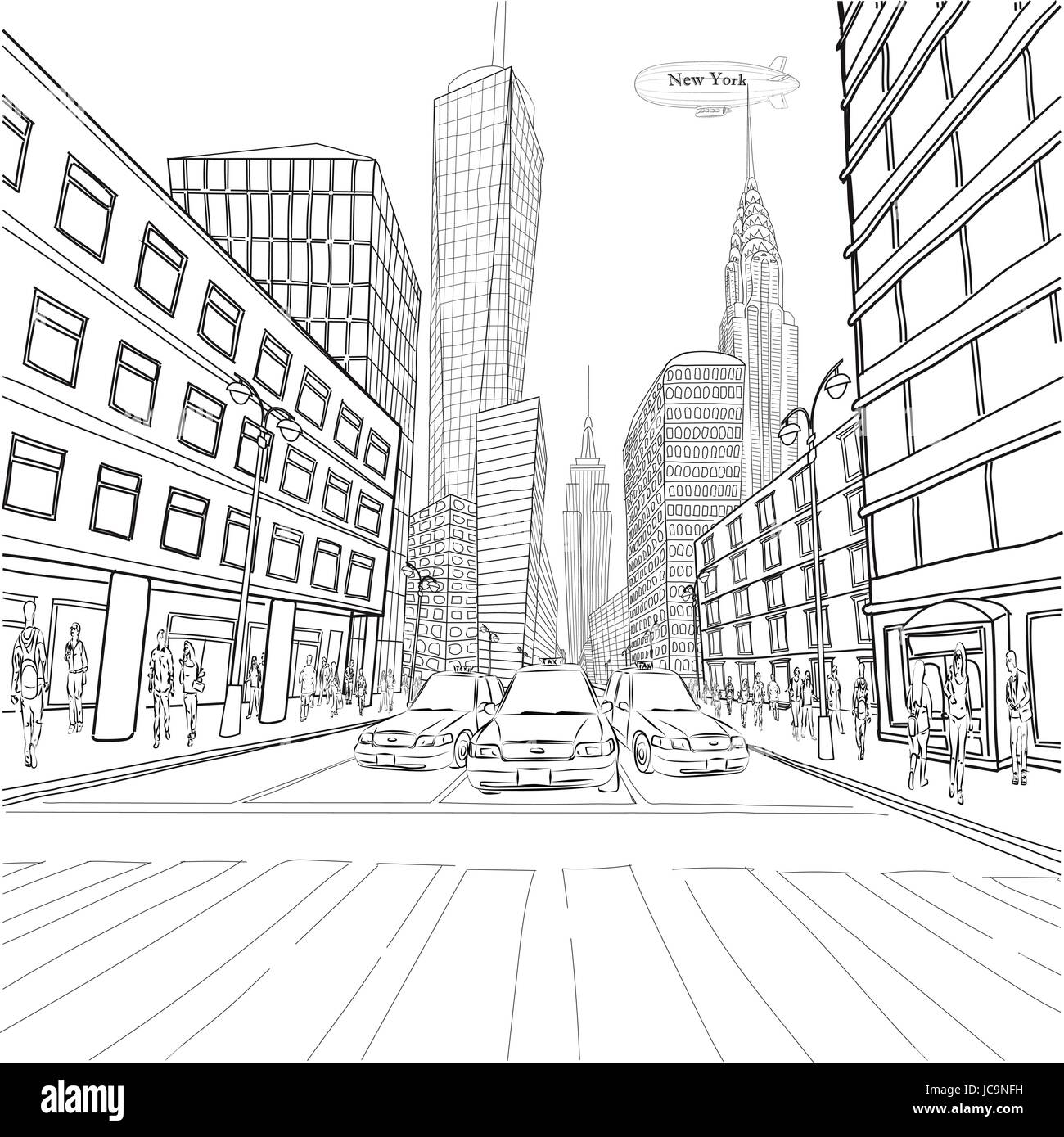 London New York Gebäude Empire State Chrysler Building Stadt Landschaft Taxi Autos Auto Straße Menschen Silhouette Vektor Closeup schöne schwarze Linie outl Stock Vektor