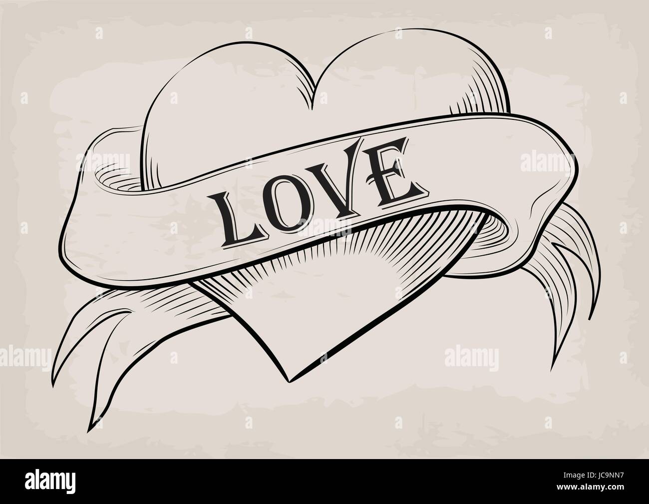 Vektor-Illustration der Vintage lineare Label mit Herz und Inschrift Liebe am Bande (T-Shirt-Druck). Schöne Zeichen auf Beige Hintergrund Stock Vektor