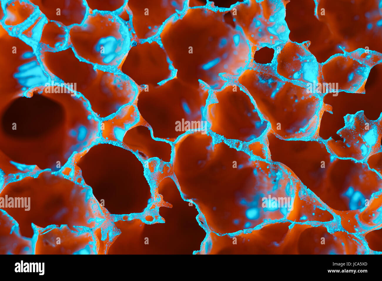 Kautschuk rot Schwamm Oberfläche super Nahaufnahme. Vergrößerung ca. 100 Mal. Stockfoto