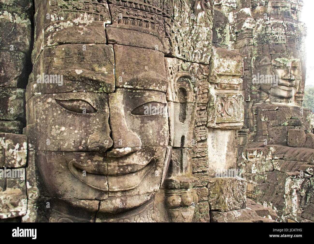 Stein-Gesicht der Boddhisattva am Bayon Tempel in Siem Reap, Kambodscha Stockfoto