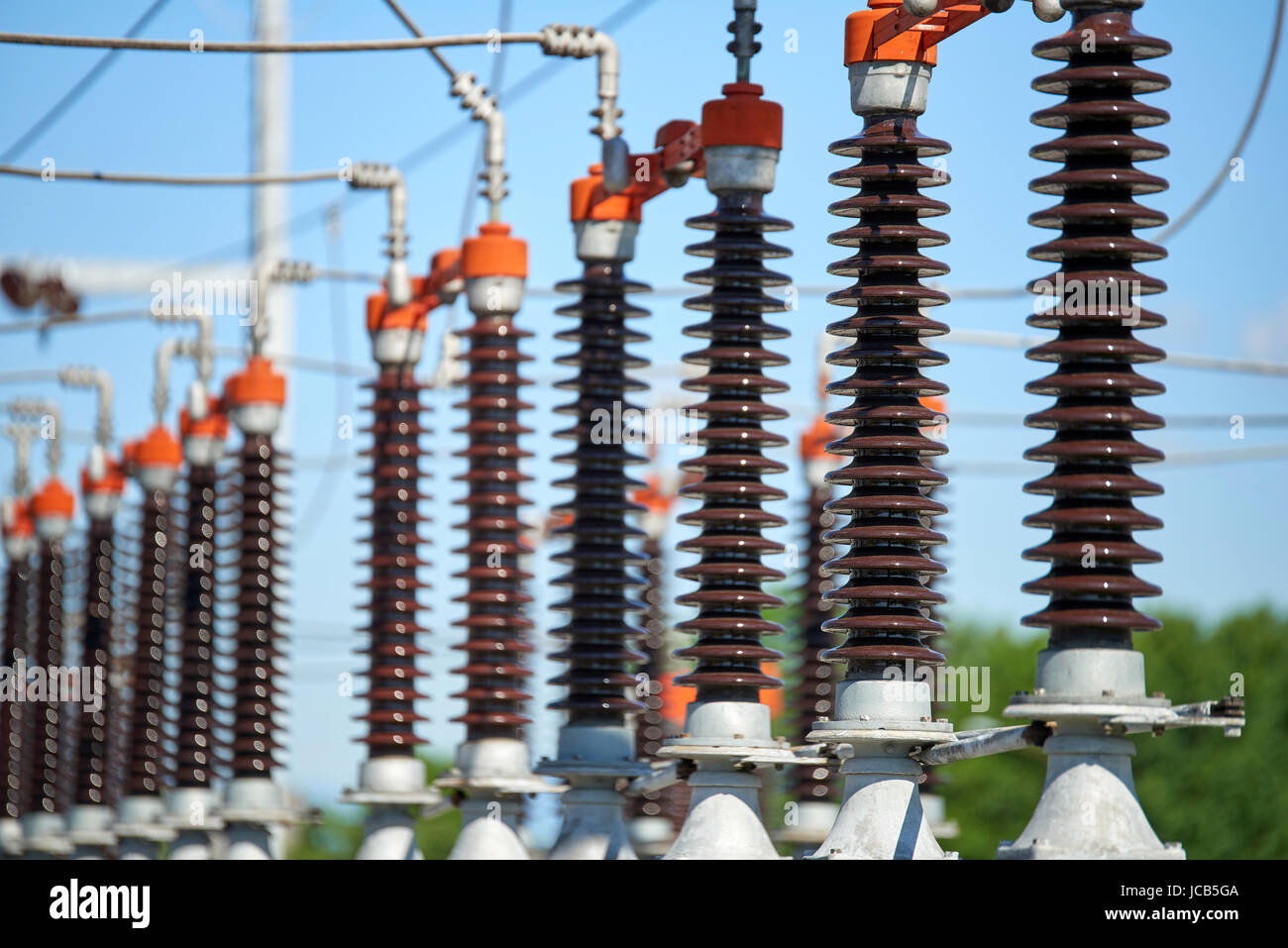 Electric power station - Details der Hochspannung Trafo in der Unterstation Stockfoto