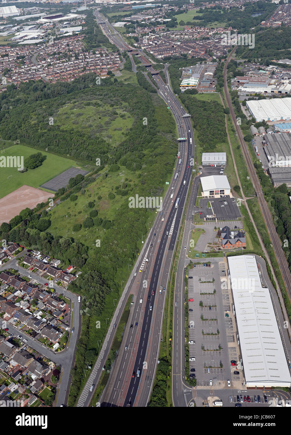 Luftbild von der Schnellstraße A50 bei Stoke auf Trent, Staffs, Großbritannien Stockfoto