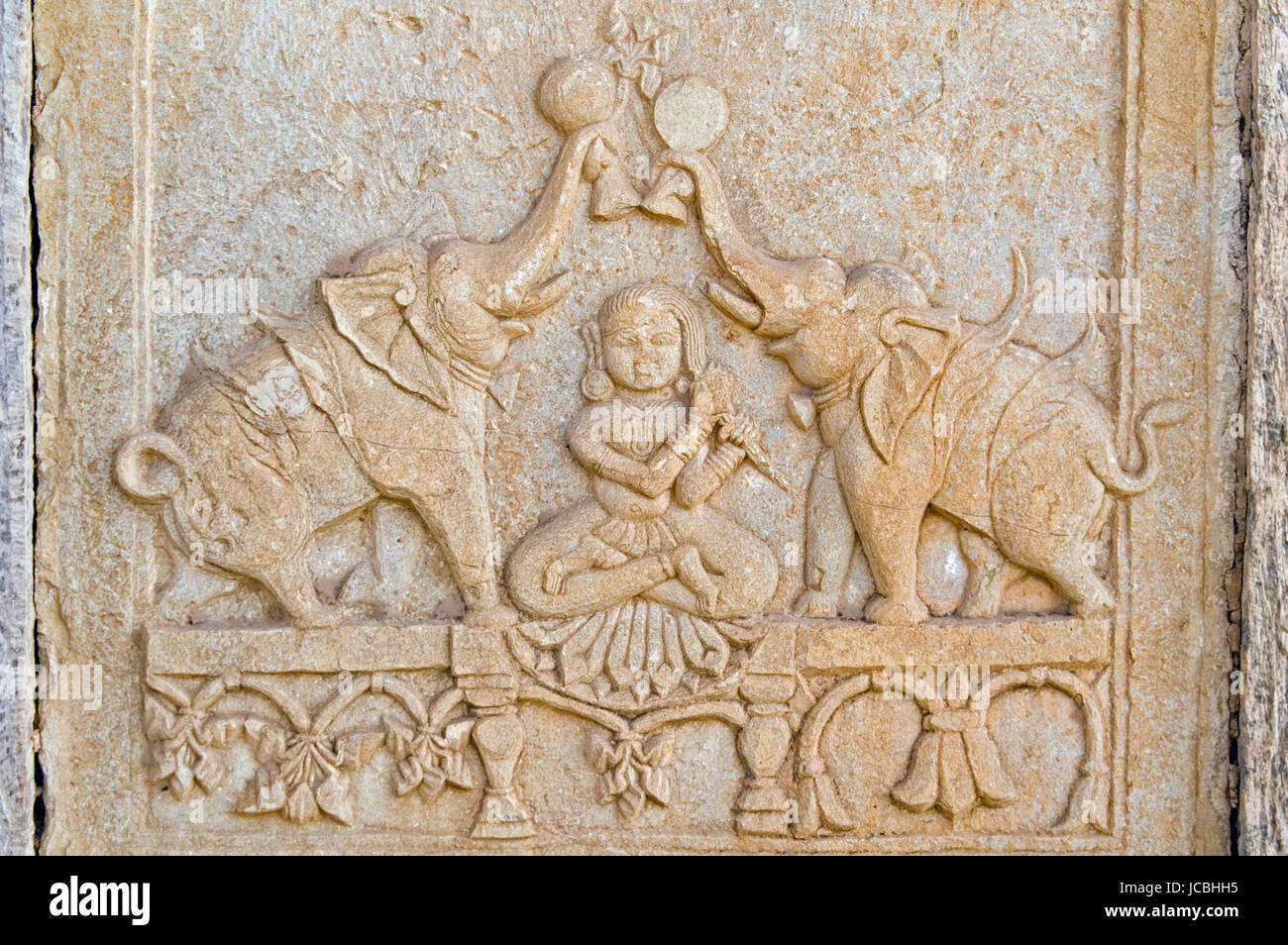 Schnitzen von Elefanten und eine Frau schmücken die Wände des Rani-Ki Baoli Schritt-Brunnen in Bundi, Rajasthan, Indien Stockfoto