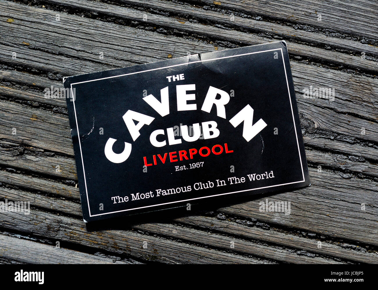 Ein Flyer für The Cavern Club auf Matthew Street, Liverpool, England, Made berühmt durch die Beatles in den 1960er Jahren Stockfoto