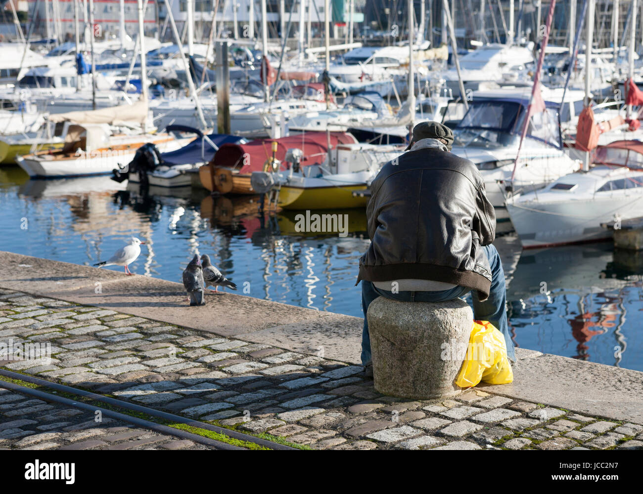 Greis, Rentner, Senioren sitzen Dock Uferstraße Schiffe beobachten und füttern Tauben Sutton Harbour, The Barbican, Plymouth, Devon, England Stockfoto