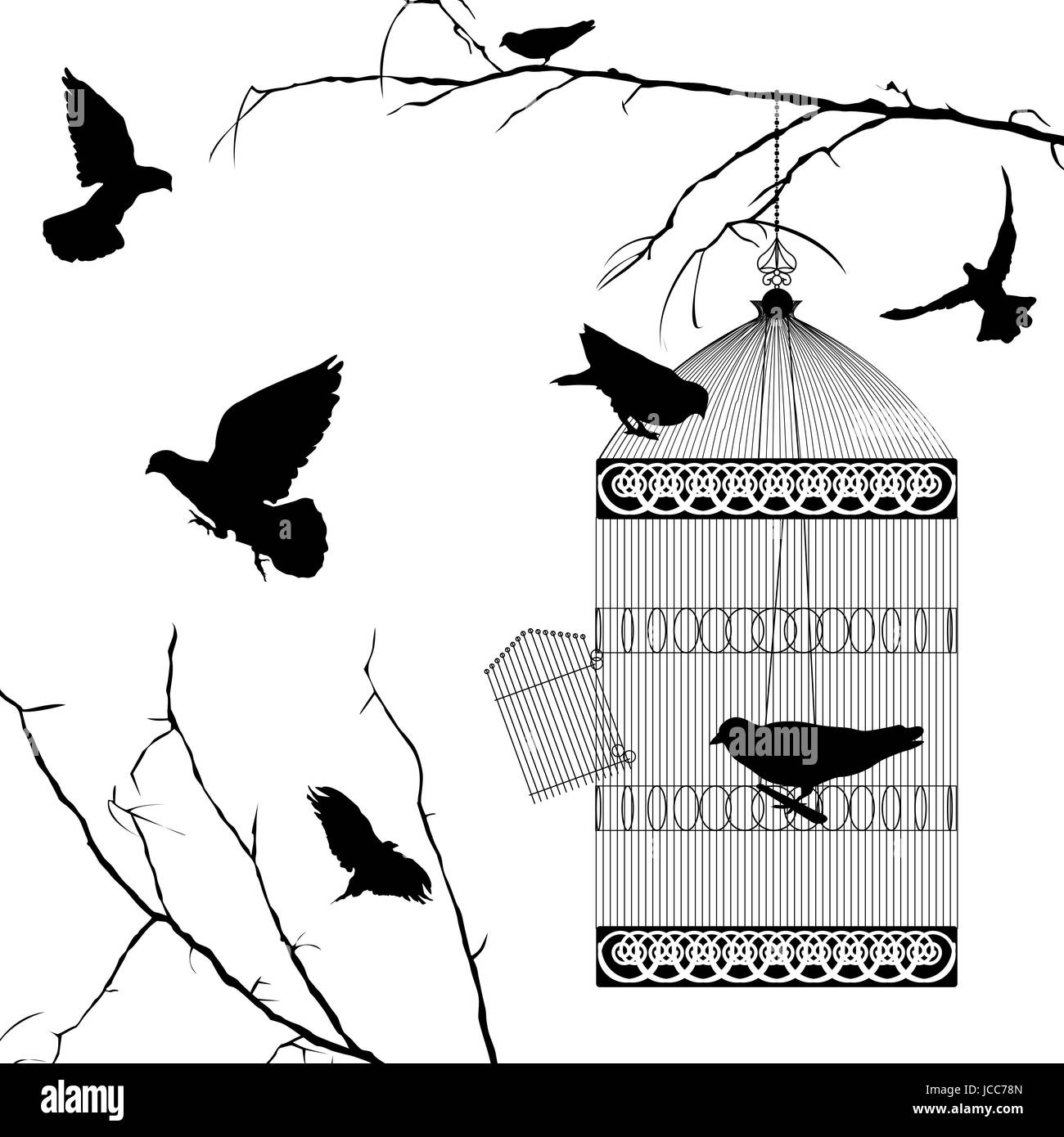 Fliegende Vögel und Käfig Silhouetten auf weißem Hintergrund Stockfoto