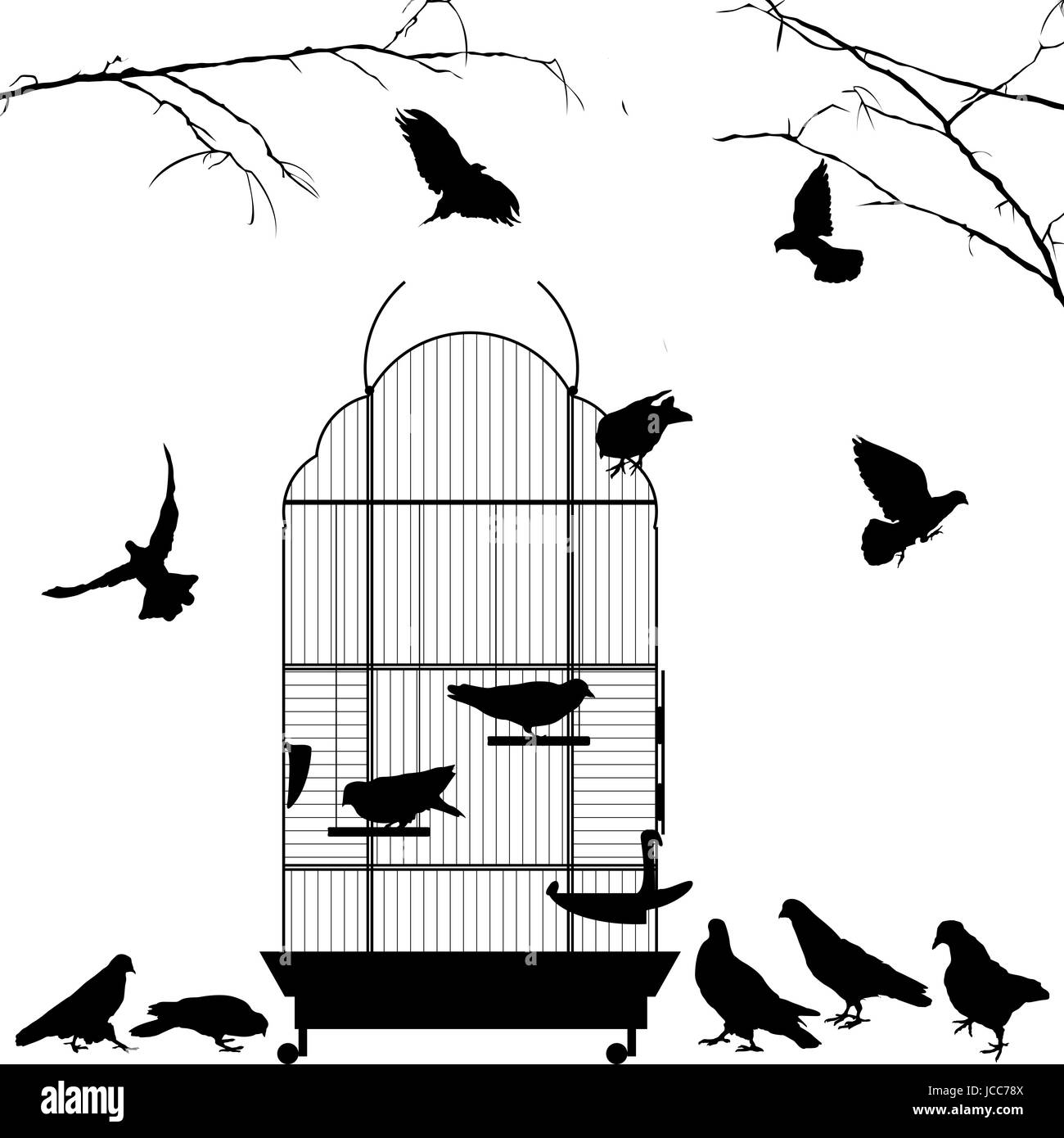 Offenen Vogelkäfig und Vögel Silhouetten auf weißem Hintergrund Stockfoto