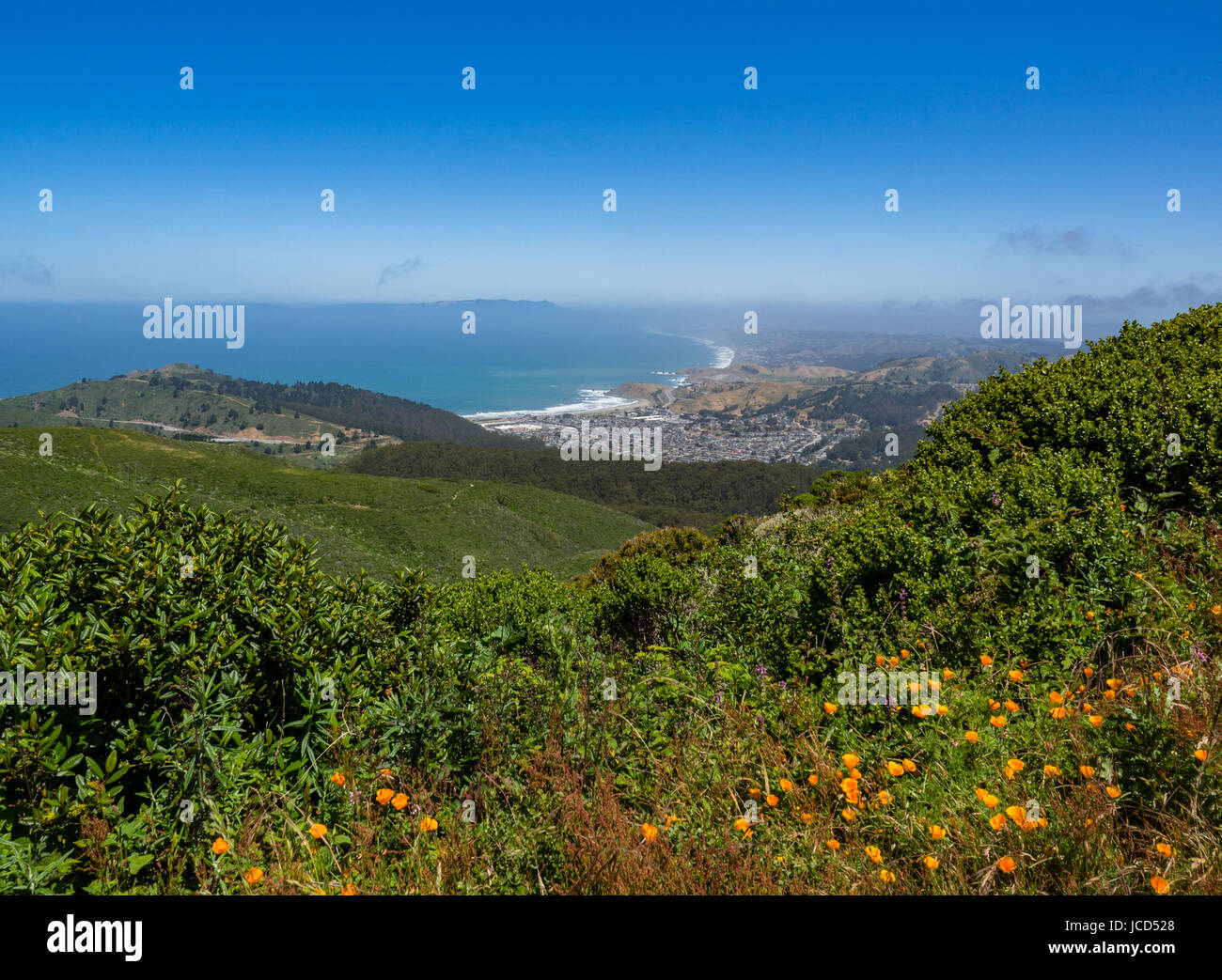 Blick auf Linda Mar, Kalifornien und Pacifica Strand mit Stadtrundfahrt in der Ferne mit Mohn und Chaparral im Vordergrund.  Mount Tamalpais in Stockfoto