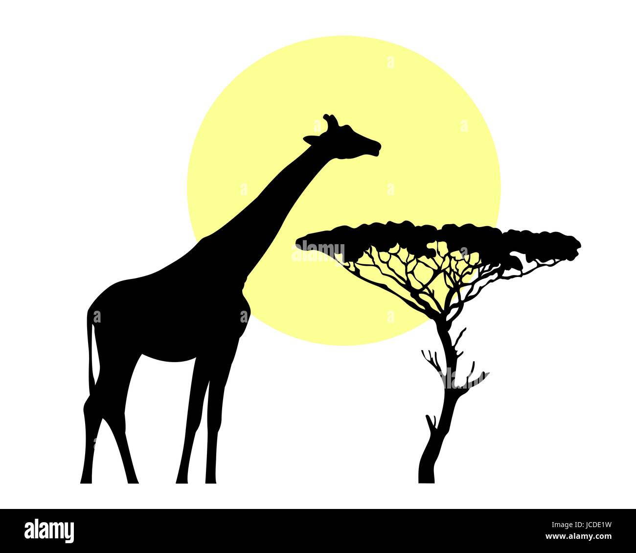 Giraffe schwarz Silhouette gegen das Gelb der Sonne in Savannah Stock Vektor