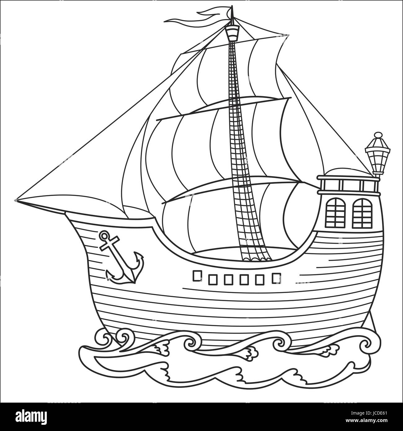 Schones Altes Schiff Mit Segeln Segeln Auf Den Wellen Schwarz Weiss Kontur Stock Vektorgrafik Alamy