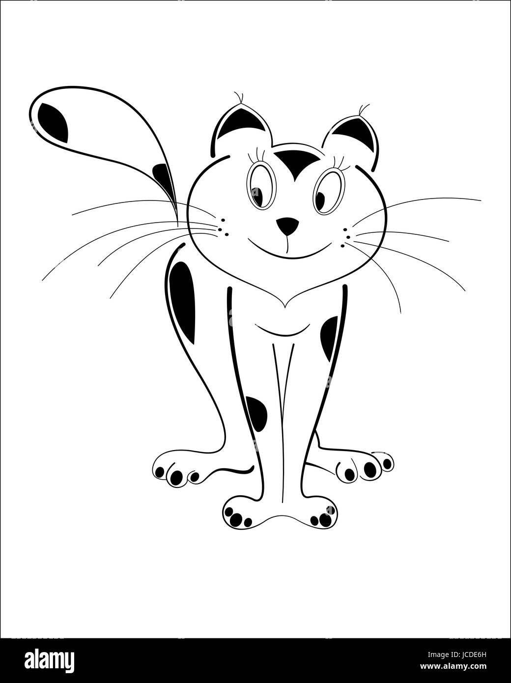 Gerissen lustige Cartoon Katze Charakter isoliert schwarzen Umriss Vektorbild Stock Vektor