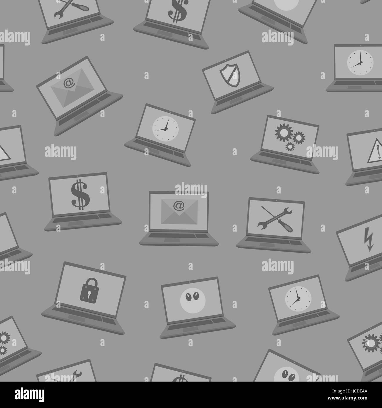 Nahtlose Muster mit Laptops mit Figuren auf einem grauen Hintergrund Stock Vektor