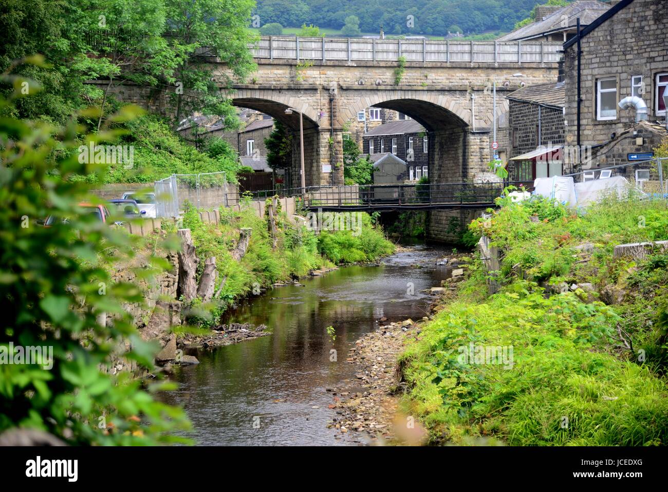 Flusses Calder in Mytholmroyd Stockfoto