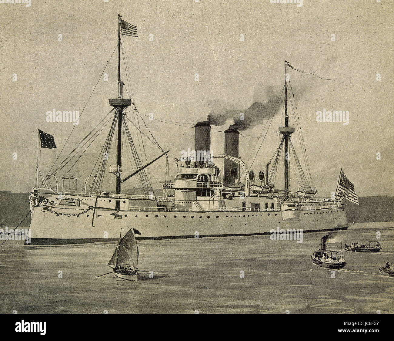 Spanish-amerikanischer Krieg. Die amerikanische Marine-Schiff USS Maine (ACR-1) verankert im Hafen von Havanna. Am 15. Februar 1898 explodierte, dienen der Vorwand in die Vereinigten Staaten, den Krieg nach Spanien erklären. Gravur. Stockfoto