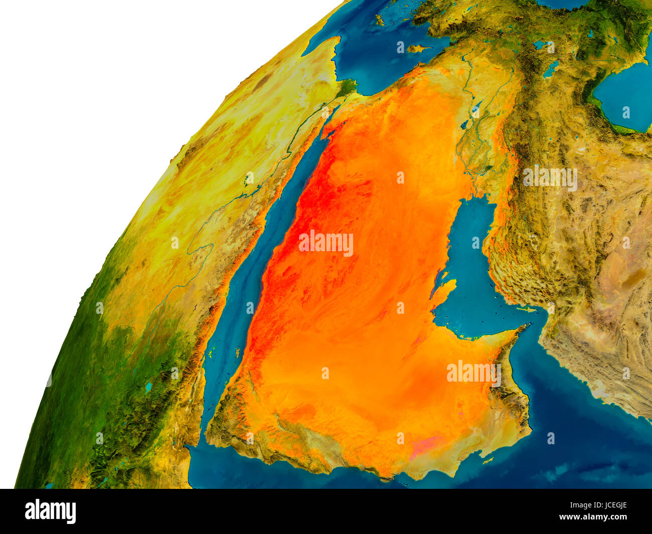 Saudi Arabien in rot auf topographische Globus. 3D Darstellung mit detaillierten Planetenoberfläche. Elemente des Bildes von der NASA eingerichtet. Stockfoto