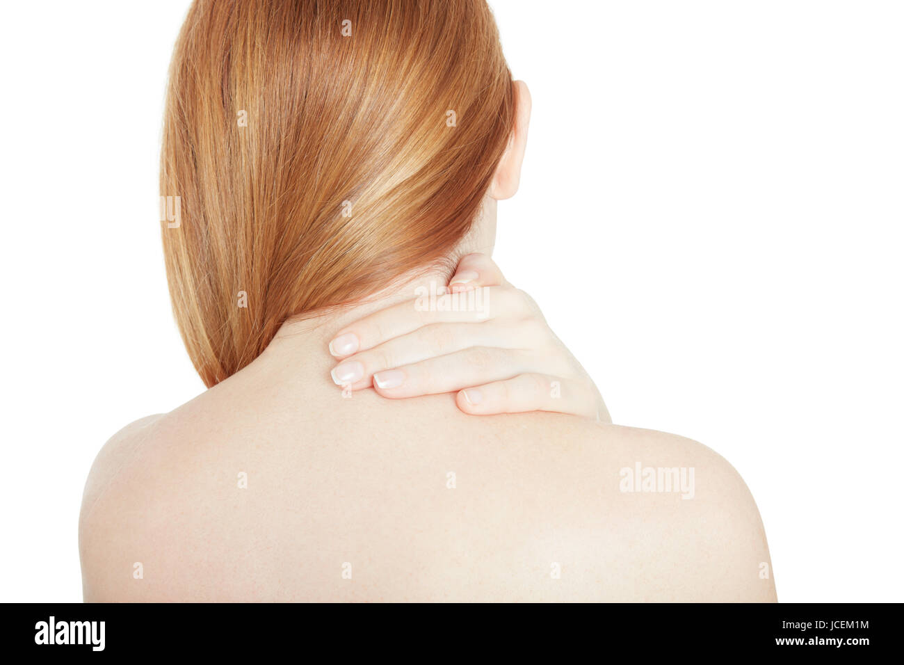 Frau, die Hand auf ihre schmerzenden Nacken isoliert auf weiss, Schneidepfad Stockfoto