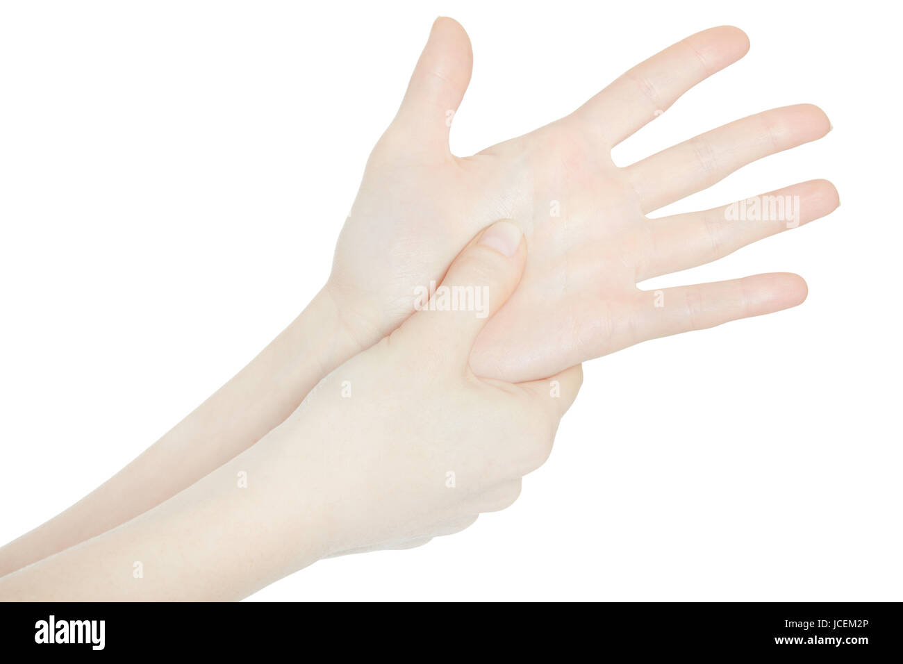 Frau hand berühren schmerzhaft Handflächenbereich isoliert auf weiss, Schneidepfad Stockfoto
