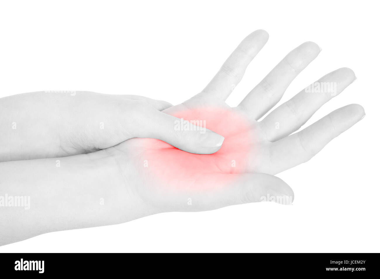 Frau Hand mit Schmerzen, rote Handflächenbereich isoliert auf weiss, Clipping-Pfad Stockfoto