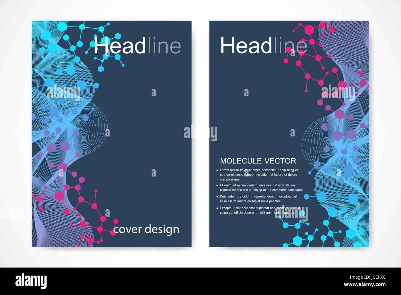 Wissenschaftliche Broschüre Design-Vorlage. Vektor-Flyer-Layout, molekulare Struktur mit verbundener Linien und Punkten. Wissenschaftliche Muster Atom DNA mit Elementen für Magazin, Broschüre, Abdeckung, Plakatgestaltung. Stock Vektor