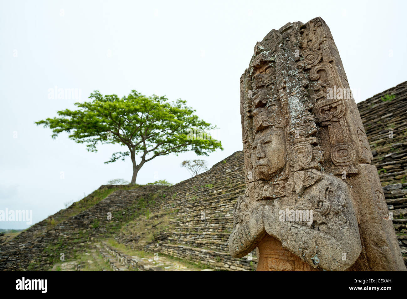 Nahaufnahme von Jaguar Vogel Peccary Maya Herrscher Statue in Tonina Chiapas-Mexiko Stockfoto