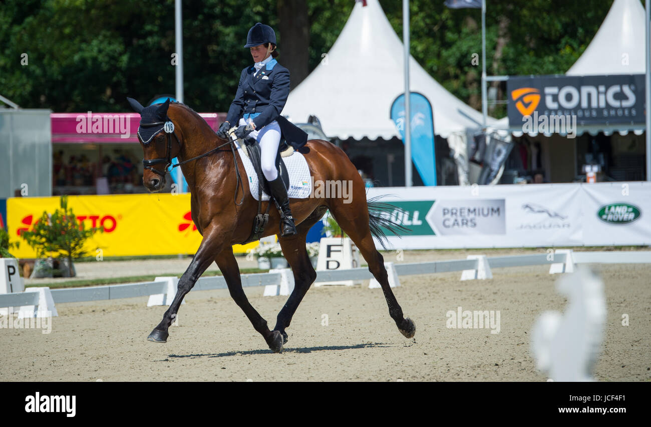 Luhmuehlen, Deutschland. 15. Juni 2017. Der südafrikanische Vielseitigkeit Pferdesport Athlet Victoria Scott führt Dressur bei der internationalen vier Sterne Prüfung in Luhmuehlen, Deutschland, 15. Juni 2017. Foto: Philipp Schulze/Dpa/Alamy Live News Stockfoto