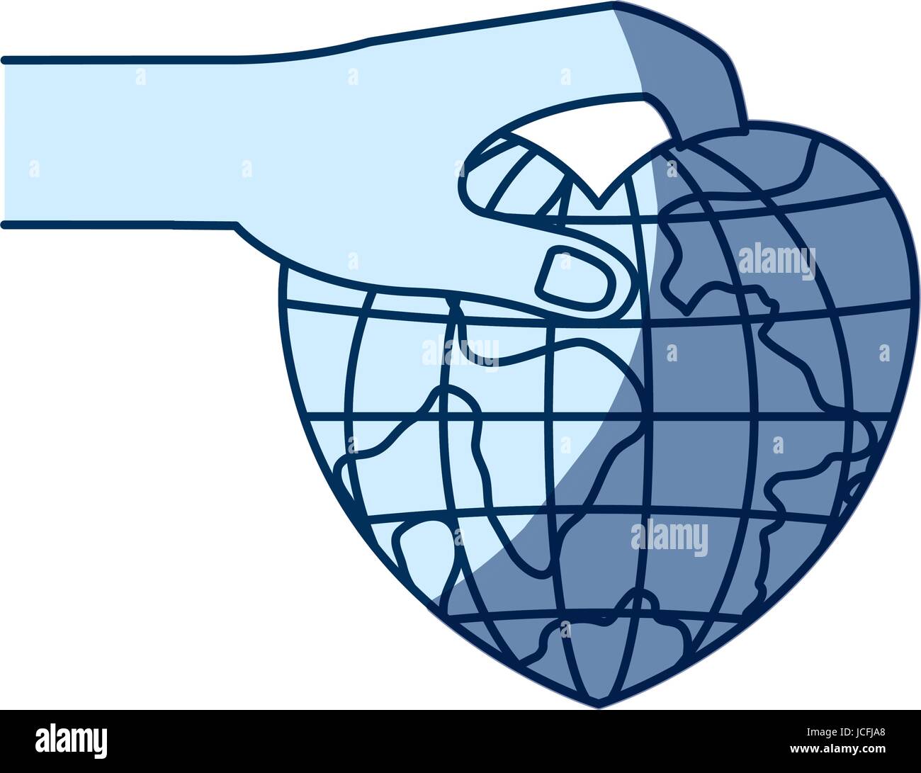 blaue Farbe Kontur Schattierung der Seitenansicht von Hand mit einer Erde Globus Welt in Herzform zu hinterlegen Stock Vektor