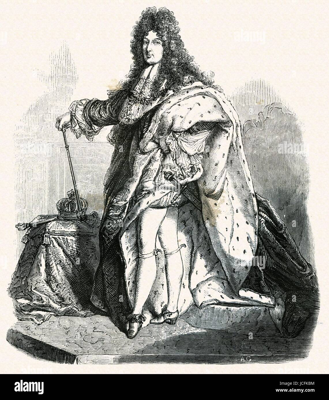 Porträt von Louis XIV von Frankreich (1638-1715) in Krönung Kleid 17. Jahrhundert Gravur Stockfoto