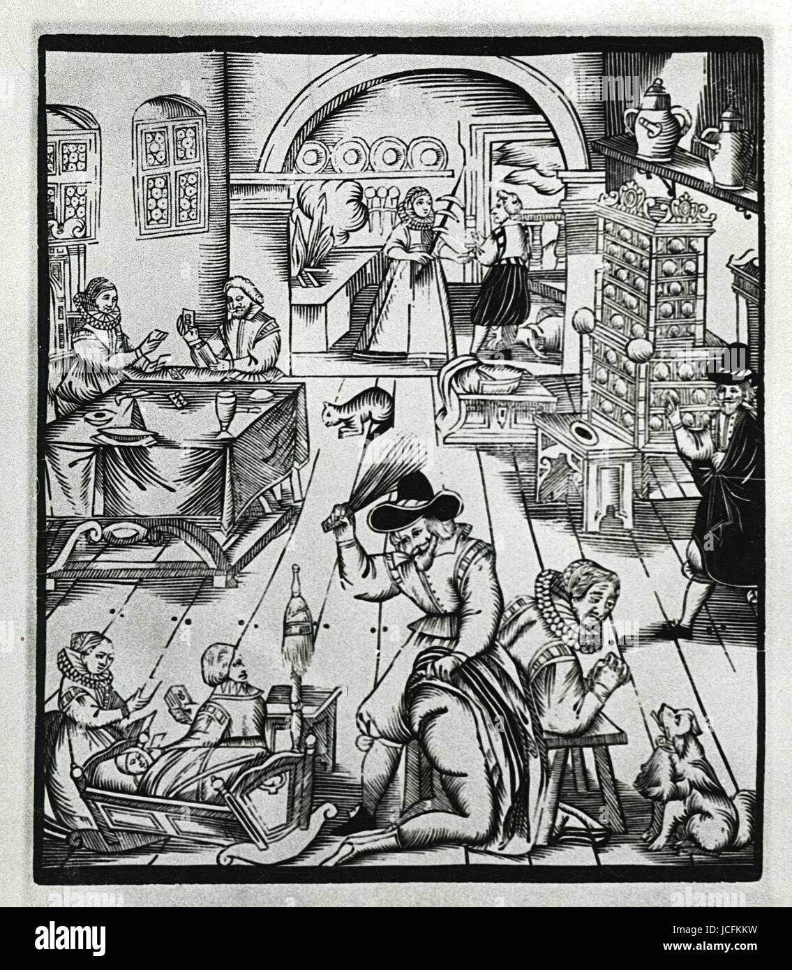 Frau von ihrem Ehemann Gravur 17. Jahrhundert ausgepeitscht Stockfoto