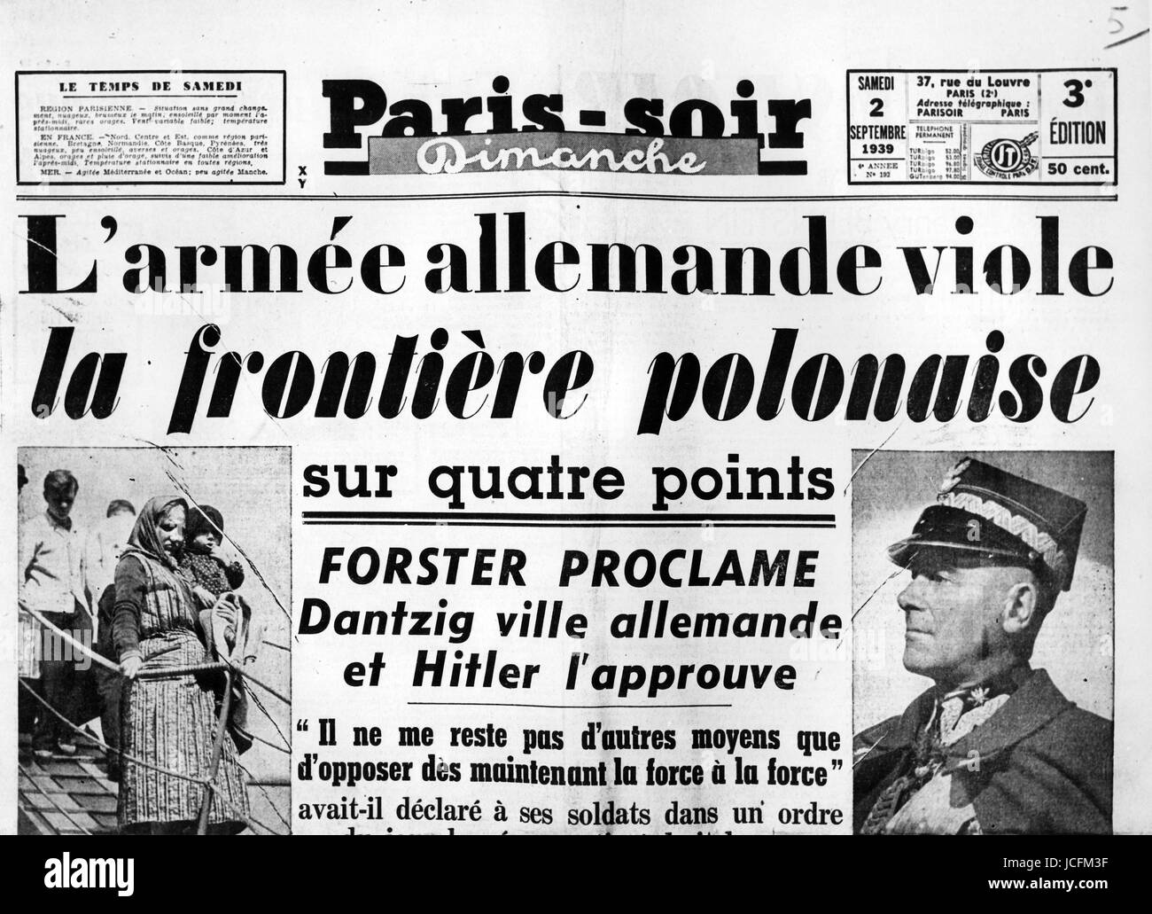2. September 1939.  FrontPage der französischen Zeitung "Paris-Soir": "der polnische Grenze verletzt von den deutschen". Stockfoto