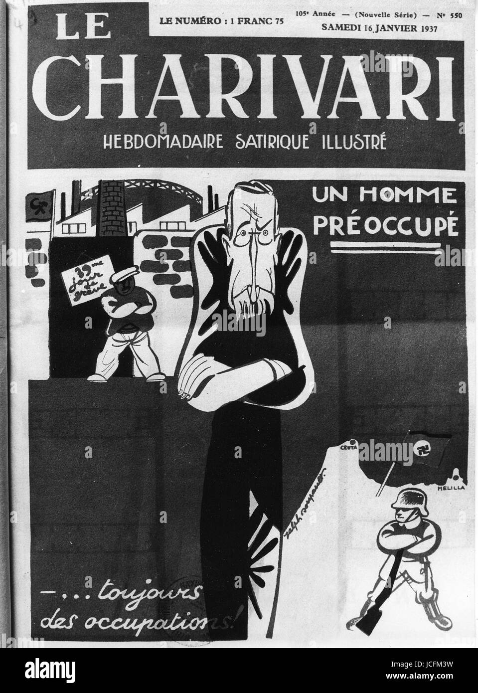 Samstag, 16. Januar 1937.  Cover von "Charivari". Léon Blum, Präsident der ersten Regierung der Volksfront, macht sich Sorgen um die Streiks und die Nazis (hier im spanischen Protektorat Marokko, wo die Nationalisten rebellieren dargestellt). Stockfoto
