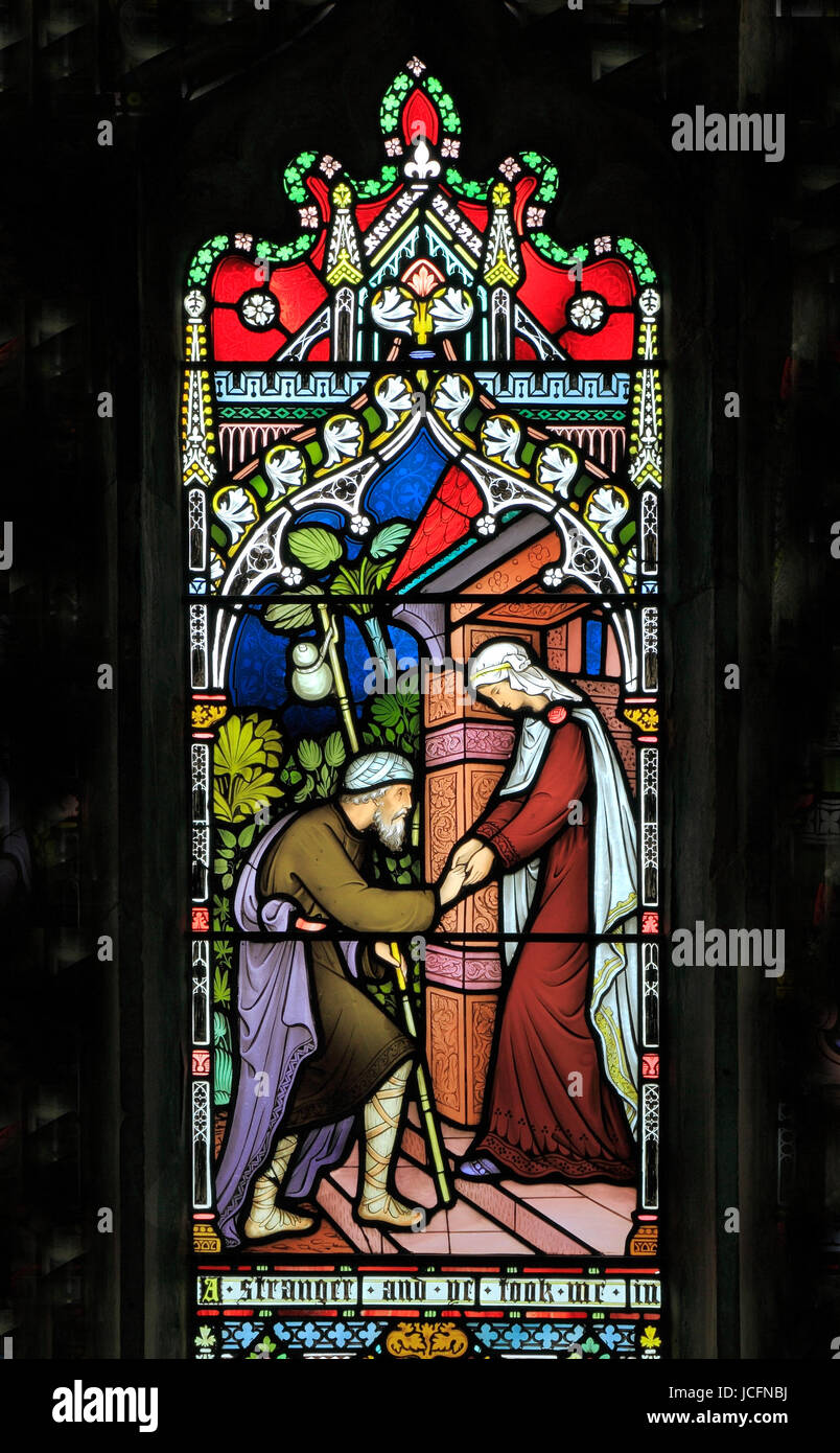 Corporal Taten der Barmherzigkeit Fenster, Glasmalereien von Frederick Preedy, 1868, Unterbringung der Obdachlosen, Gunthorpe, Norfolk, England, UK Stockfoto