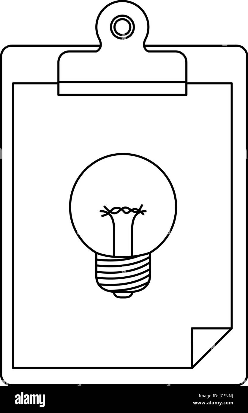 weißen Hintergrund mit monochromen Silhouette der Tabelle Notizblock mit Blatt und Grafik der Glühbirne Stock Vektor