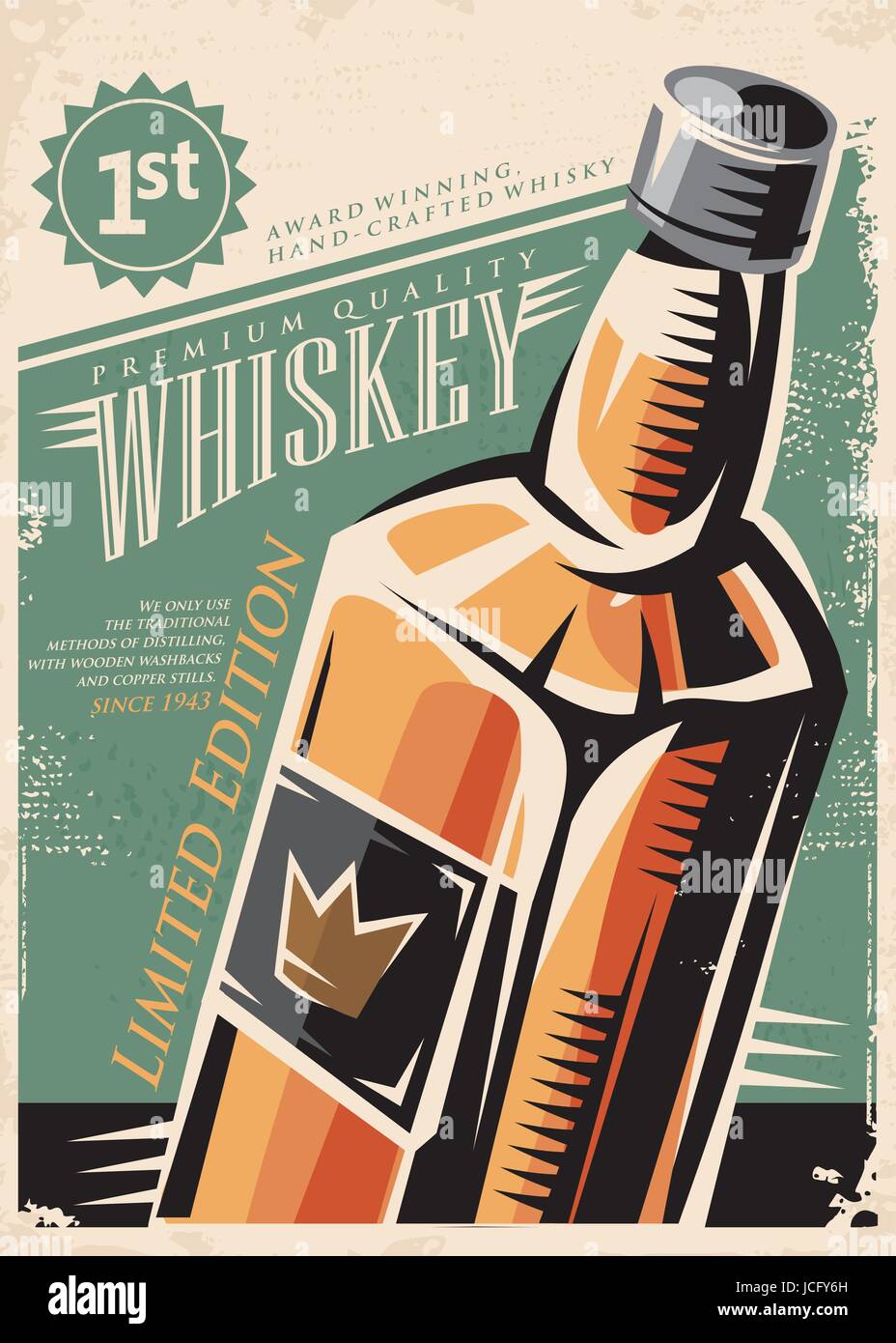 Whisky-Retro-Vektor-Poster-Design mit Whisky-Flasche auf altes Papierhintergrund. Trinken Sie Thema Illustration. Stock Vektor