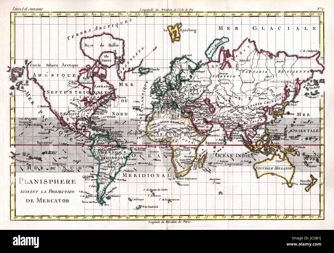 1779 bonne Karte der Welt auf der Projektion von Mercator, ein Beispiel für die französische Kartographie, von Hand gefärbt. Stockfoto