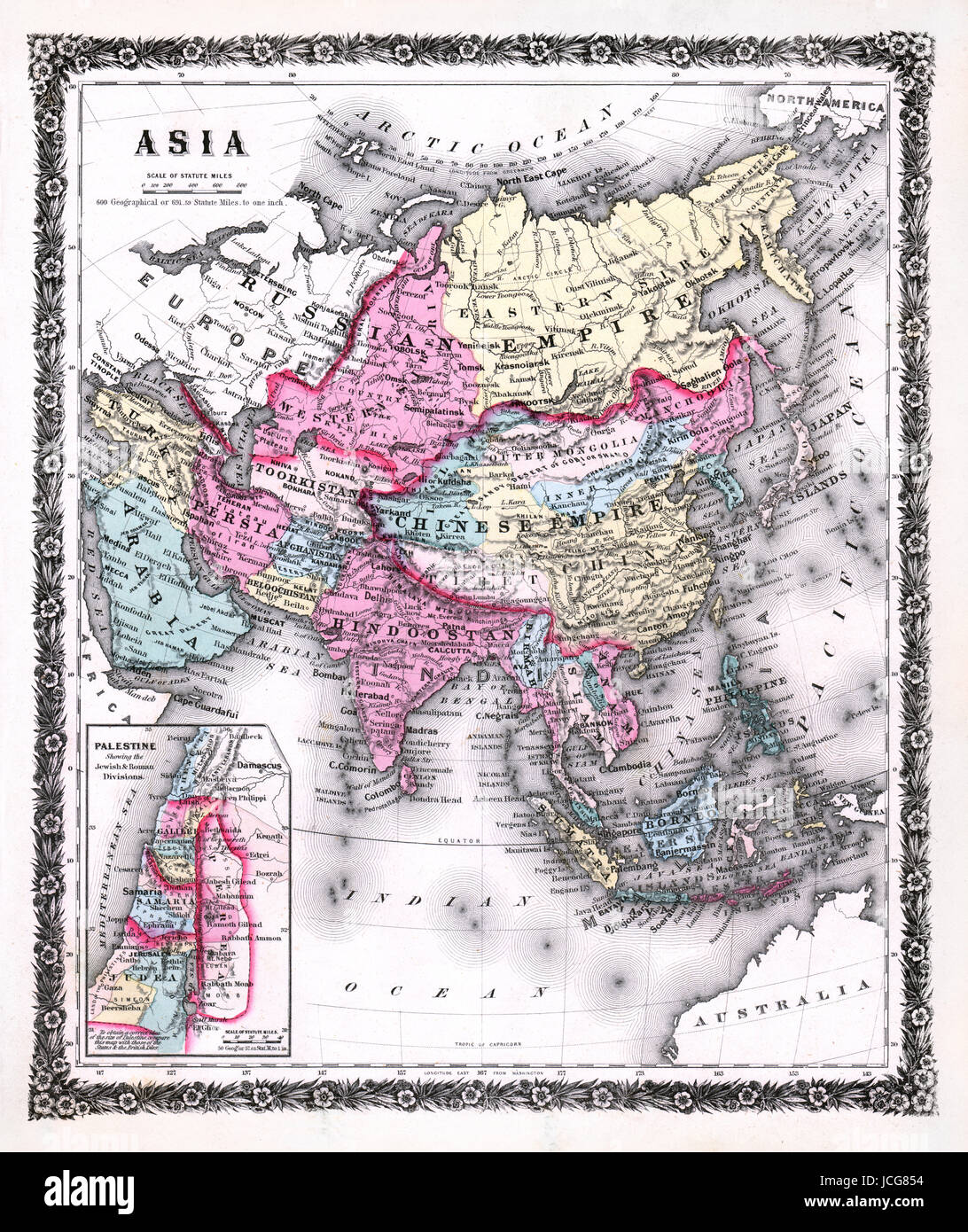 1858 colton Karte von Asien einschließlich des Nahen Ostens und Indien, Indien und dem Kaiserreich China, Japan, Saudi-Arabien, in Palästina und anderen Orten. Stockfoto