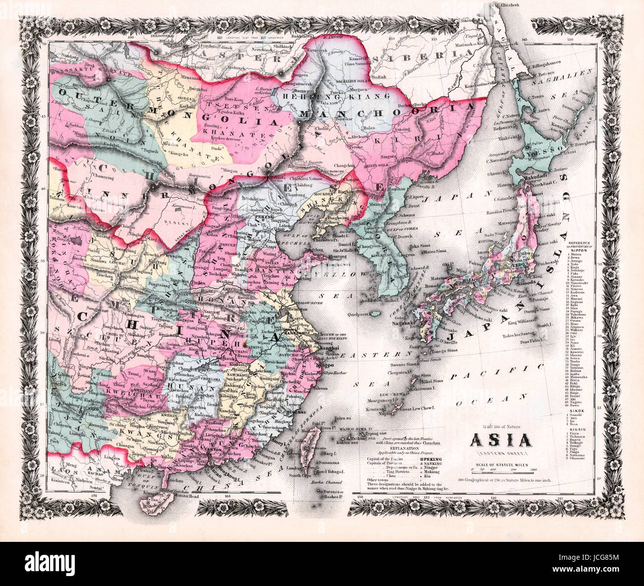 1858 Colton Karte von Ost-Asien einschließlich Japan, China, Korea, Taiwan, Hong Kong, Macao und andere mit floraler Bordüre. Stockfoto