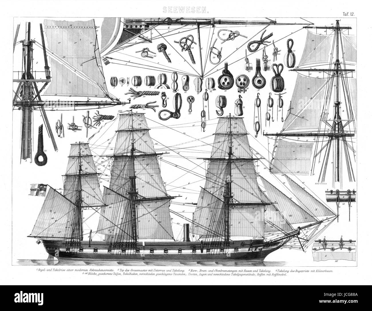 1874 antike Bilder Drucken eines dampfgetriebenen Korvetten-klasse Kriegsschiff mit einem Fokus auf des Schiffs Takelage zusammen mit den Informationen über die Anzugehen, Riemenscheiben und Knoten verwendet. Stockfoto