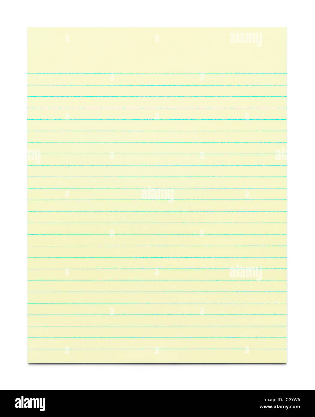 Leere gelbe Linie Papier isoliert auf weißem Hintergrund. Stockfoto