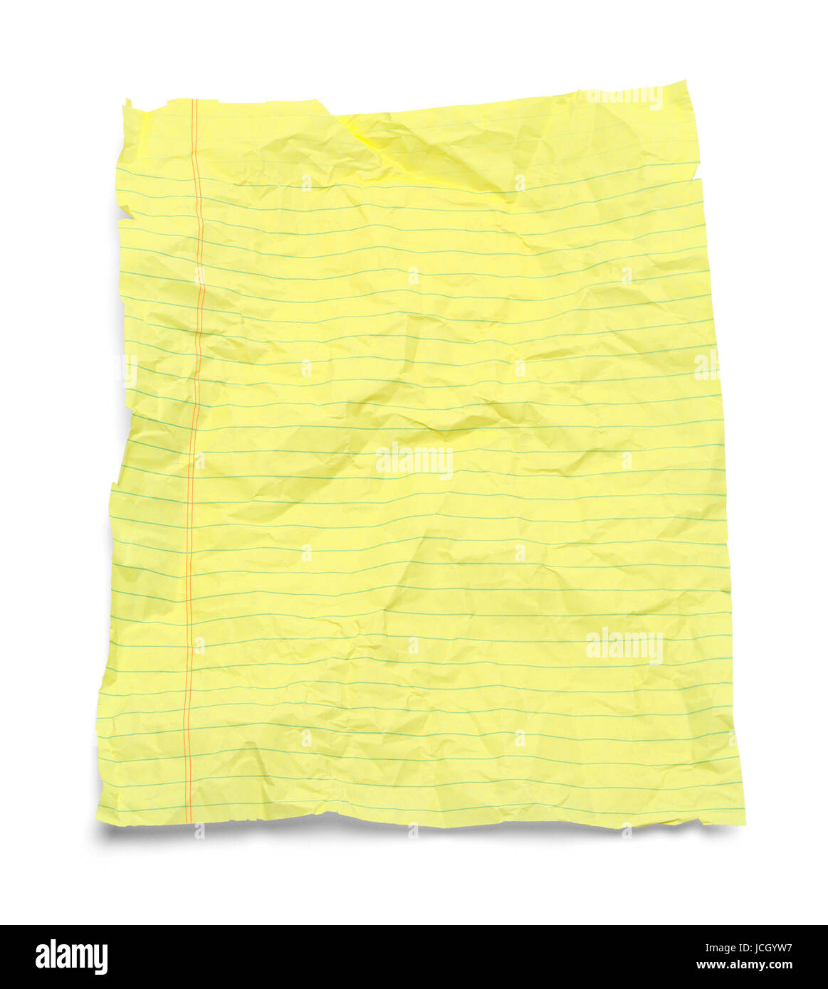 Faltige gelbe Liniertes Papier, Isolated on White Background. Stockfoto