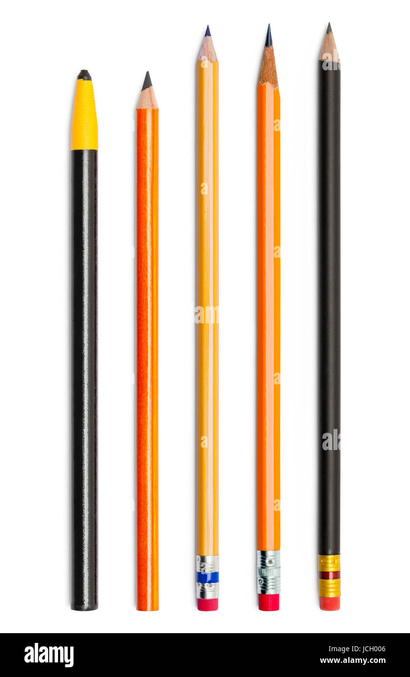Auf weißen Hintergrund isoliert fünf verschiedene Bleistifte. Stockfoto