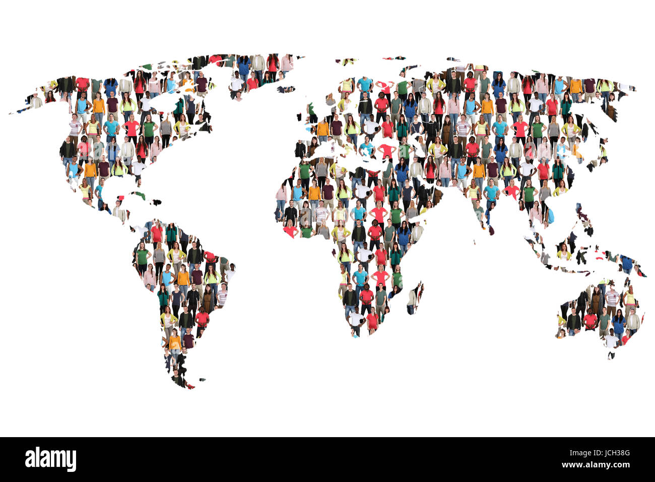 Welt Karte Erde multikulturelle Gruppe von Menschen Integration Einwanderung Vielfalt isoliert Stockfoto