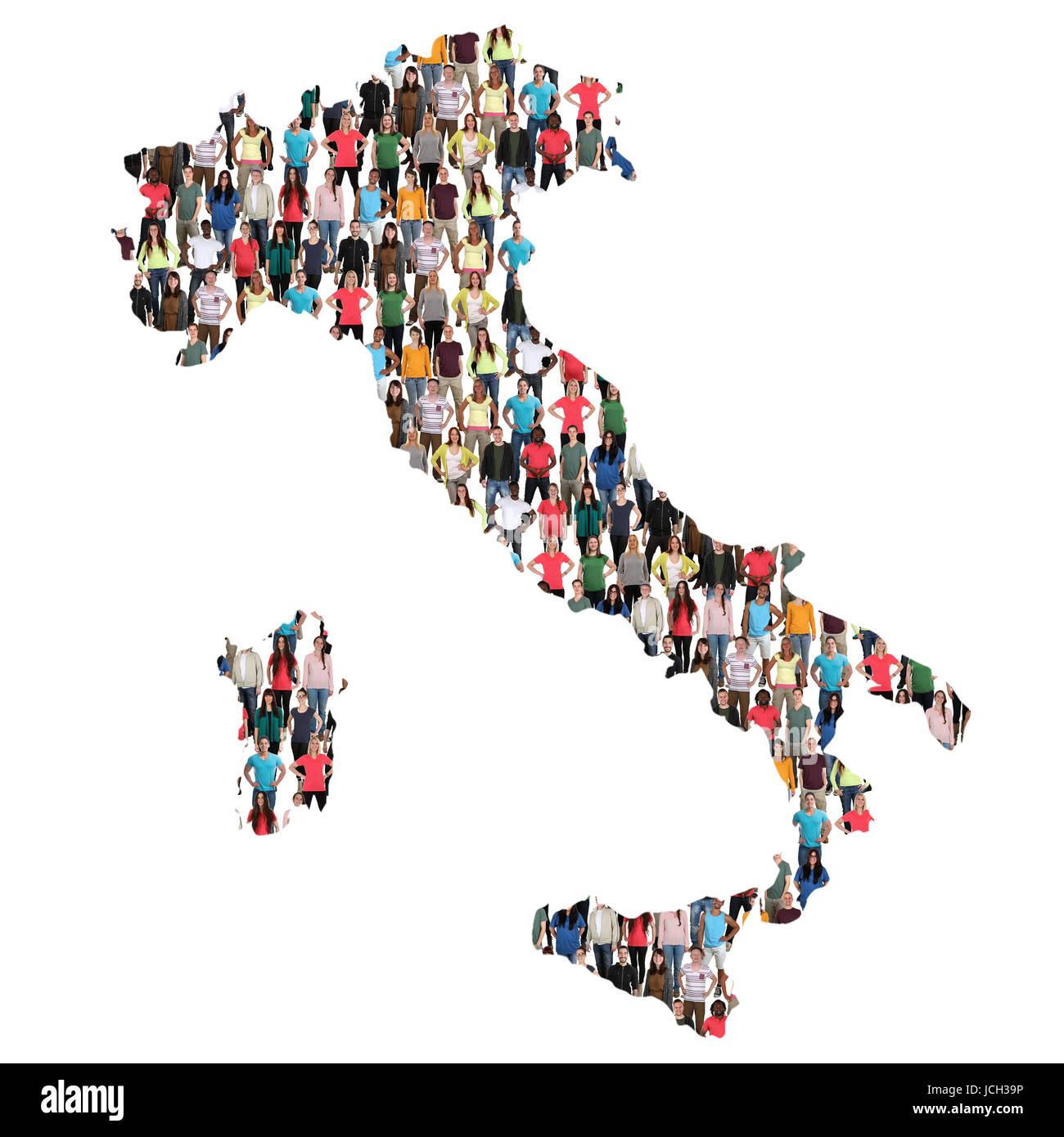 Italien Karte multikulturelle Gruppe von Menschen Integration Einwanderung Vielfalt isoliert Stockfoto