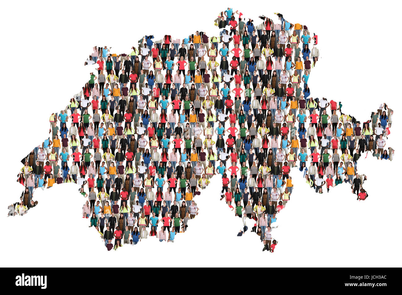 Schweiz Karte multikulturelle Gruppe von Menschen Integration Einwanderung Vielfalt isoliert Stockfoto