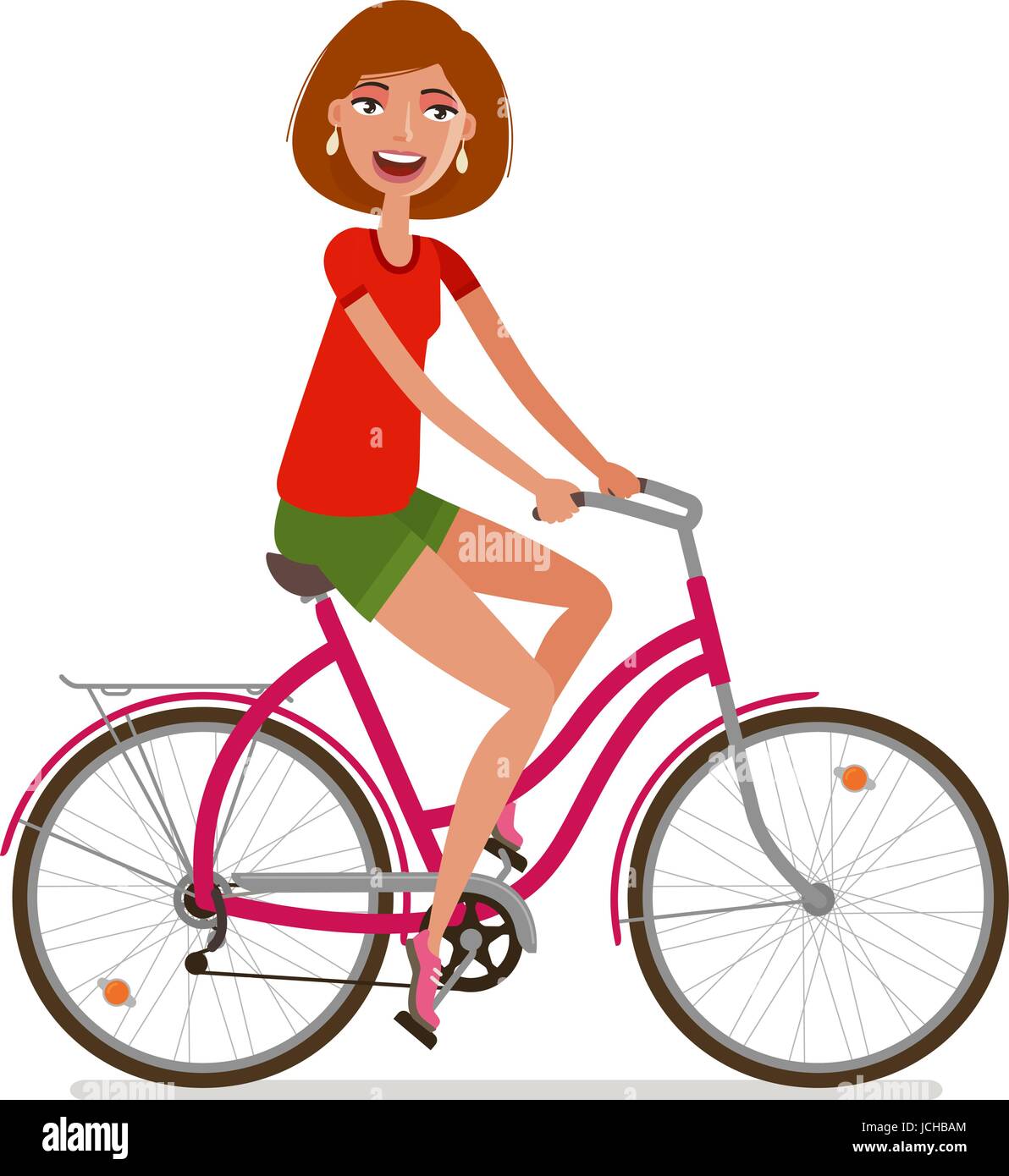 Junge schöne Mädchen Reiten Fahrrad. Sport, Fitness, aktiven Lebensstil-Symbol. Cartoon-Vektor-illustration Stock Vektor