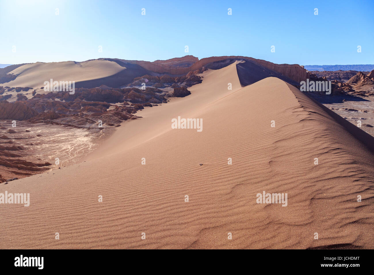 Sterben Sie die Große Sanddüne, Valle De La Luna, Tal des Mondes, Atacamawüste, Chile Stockfoto