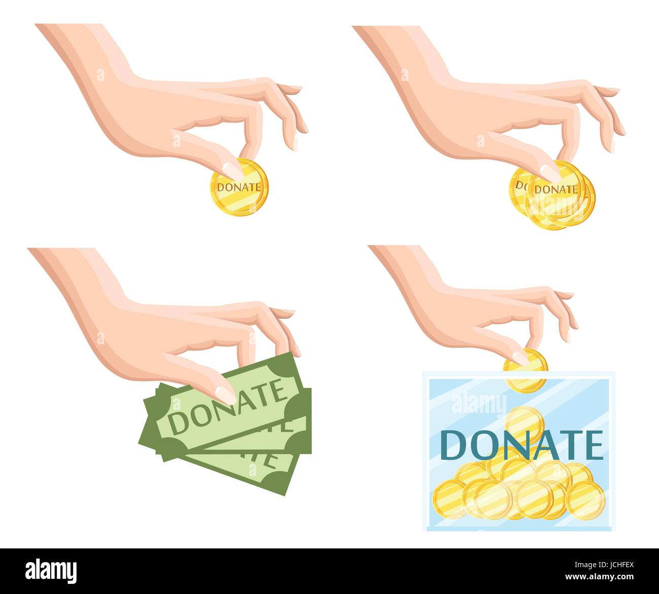 Spenden Sie Hilfe Charity Organisation flach Symbole Symbolsatz von Essen und Spende Hand abstrakte isoliert Vektor-Illustration. Stock Vektor