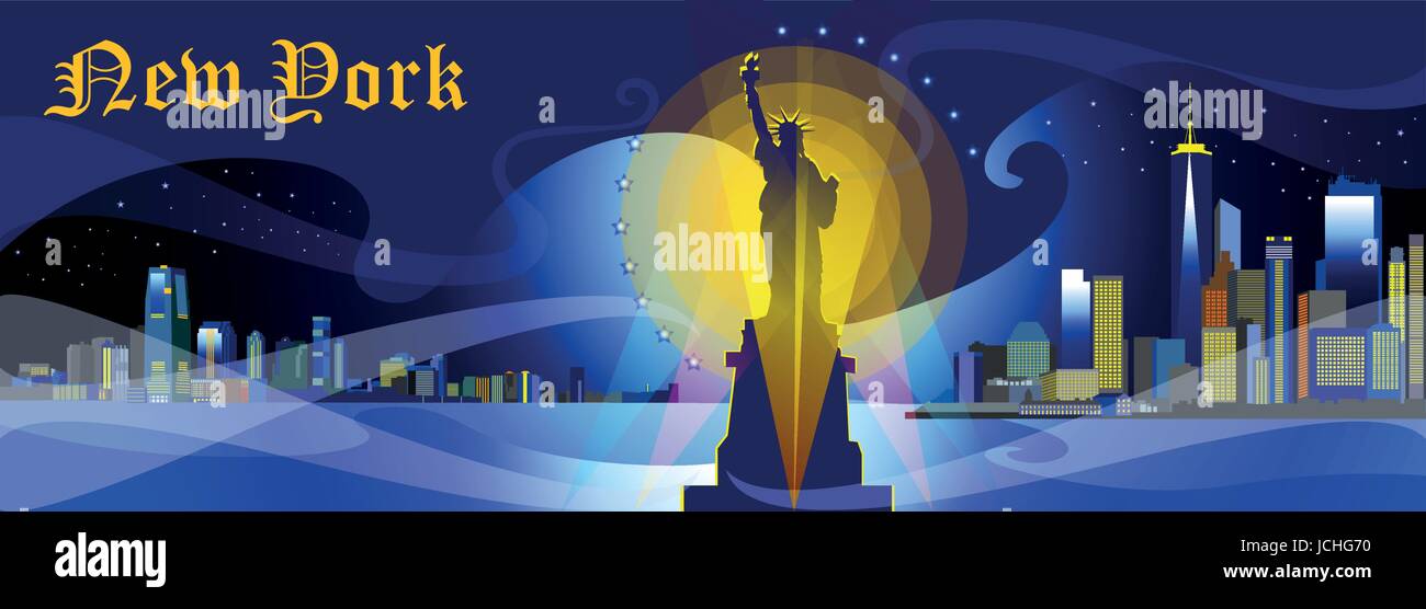 Panoramablick Nachtansicht von New York City mit Flutlicht, Wolkenkratzer und Sterne Stock Vektor