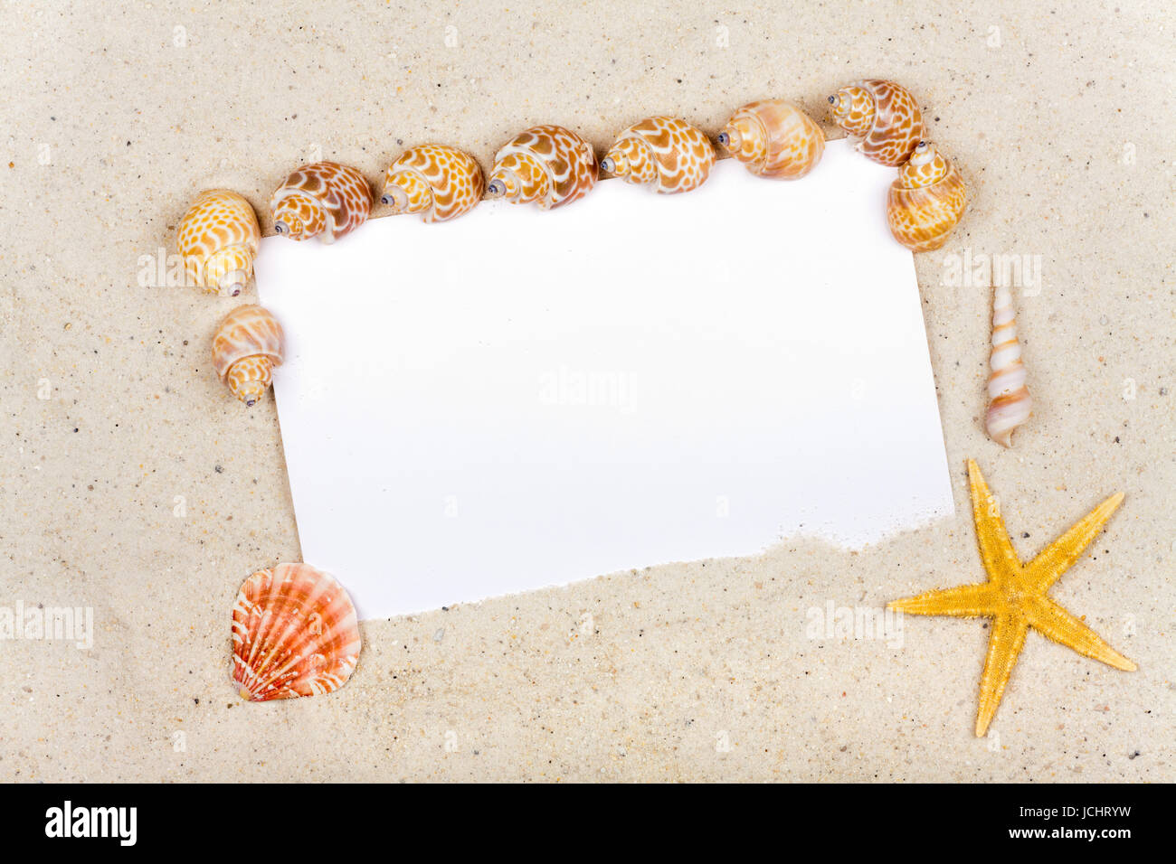 Leere Postkarte bin Sandstrand Mit Muscheln Stockfoto