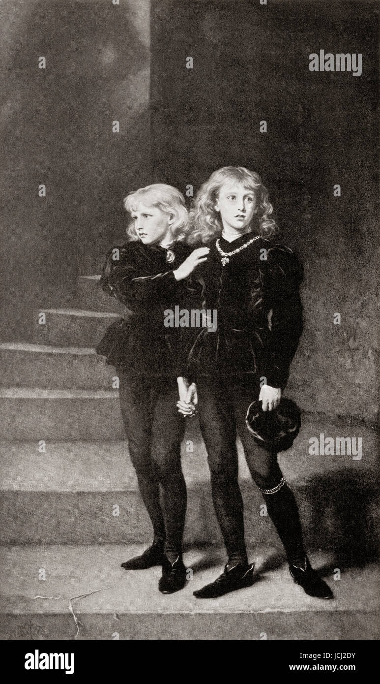 Die Prinzen im Tower.  Edward V, 1470-1483 ungekrönten König von England und sein Bruder Richard of Shrewsbury, Herzog von York, geboren 17 August 1473.  Untergebracht in den Tower of London nach dem Tod ihres Vaters Edward IV durch ihren Onkel, den Lord Protector, Richard, Duke of Gloucester, die jungen verschwanden und wurden angeblich ermordet, Richard dann beanspruchte den Thron für sich.  Hutchinson Geschichte der Nationen veröffentlichte 1915. Stockfoto