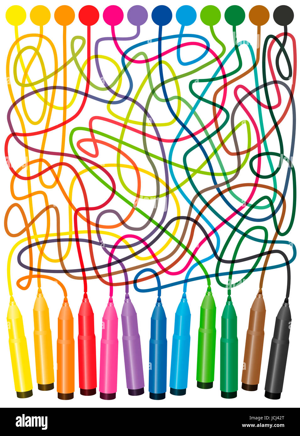 Labyrinth - die farbigen Punkte mit Filzstift-Stifte, suchen den richtigen Weg der verworrenen bunten Linien auf die Marker verbinden. Stockfoto